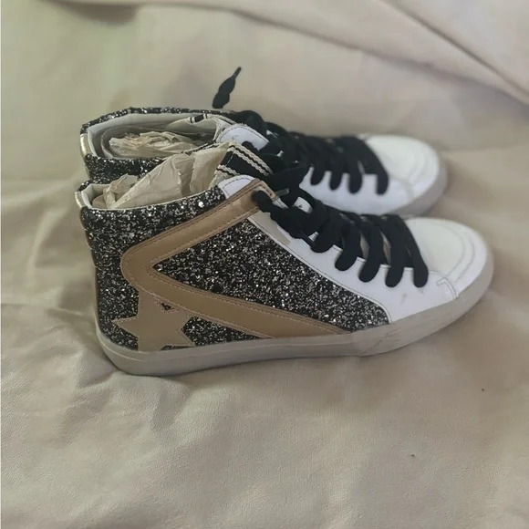 ShuShop Glitter High-Top Sneakers - Black, White, Gold - Picture 4 of 4